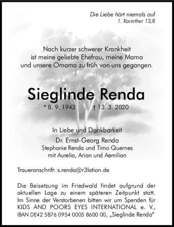 Traueranzeige von Sieglinde Renda von vrm-trauer