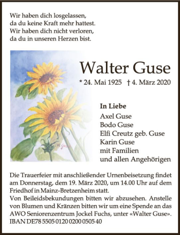 Traueranzeige von Walter Guse von vrm-trauer
