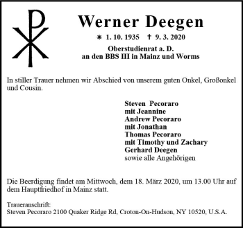 Traueranzeige von Werner Deegen von vrm-trauer