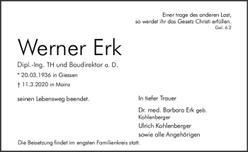 Traueranzeige von Werner Erk von vrm-trauer