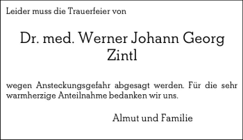 Traueranzeige von Werner Johann Georg Zintl von vrm-trauer
