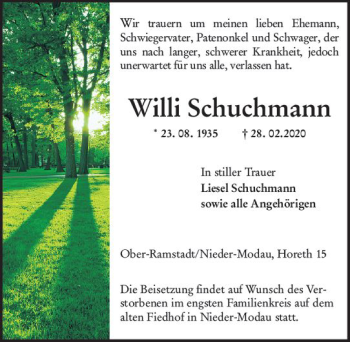 Traueranzeige von Willi Schuchmann von vrm-trauer