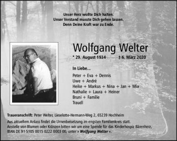 Traueranzeige von Wolfgang Welter von vrm-trauer
