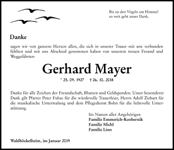 Traueranzeige von Gerhard Mayer von VRM Tageszeitungen