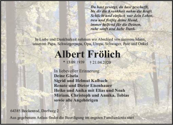 Traueranzeige von Albert Frölich von vrm-trauer