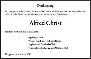 Traueranzeige von Alfred Christ von vrm-trauer