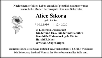 Traueranzeige von Alice Sikora von vrm-trauer