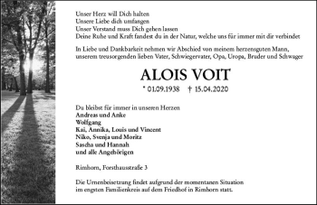 Traueranzeige von Alois Voit von vrm-trauer