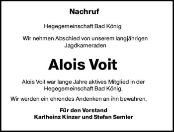 Traueranzeige von Alois Voit von vrm-trauer