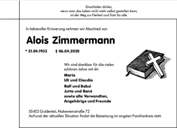 Traueranzeige von Alois Zimmermann von vrm-trauer