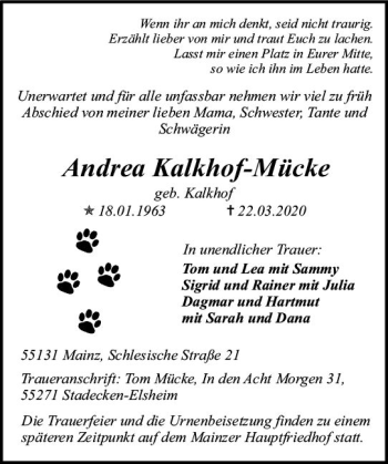 Traueranzeige von Andrea Kalkhof-Mücke von vrm-trauer