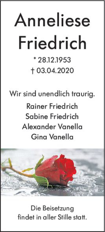 Traueranzeige von Anneliese Friedrich von vrm-trauer