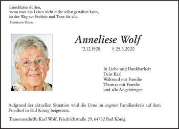 Traueranzeige von Anneliese Wolf von vrm-trauer