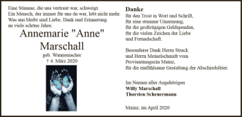 Traueranzeige von Annemarie Marschall von vrm-trauer