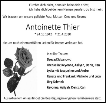 Traueranzeige von Antoinette Thier von vrm-trauer