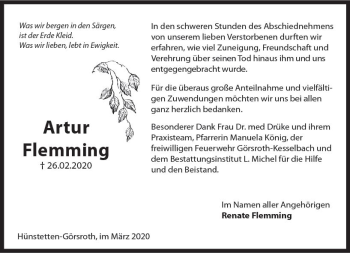 Traueranzeige von Artur Flemming von vrm-trauer