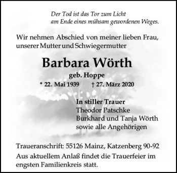 Traueranzeige von Barbara Wörth von vrm-trauer