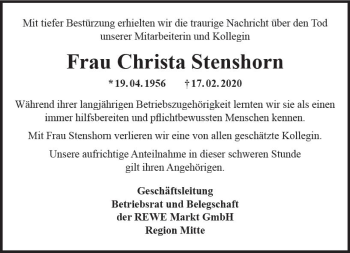 Traueranzeige von Christa Stenshorn von vrm-trauer