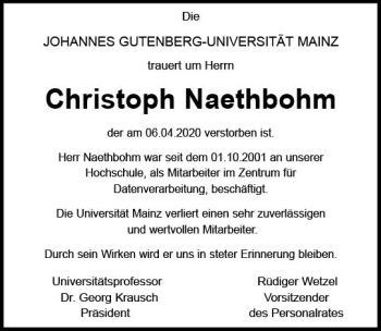 Traueranzeige von Christoph Naethbohm von vrm-trauer
