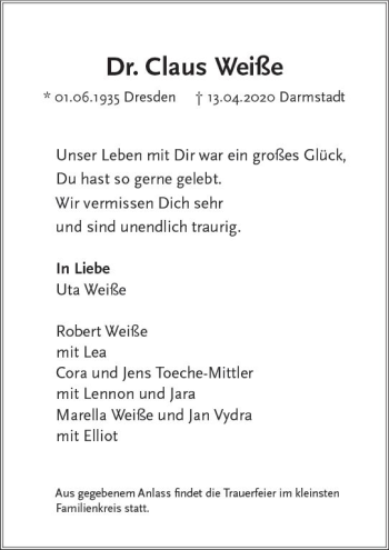 Traueranzeige von Claus Weiße von vrm-trauer