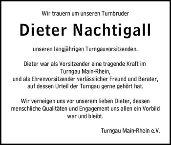 Traueranzeige von Dieter Nachtigall von vrm-trauer