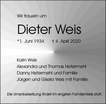 Traueranzeige von Dieter Weis von vrm-trauer