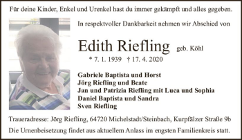 Traueranzeige von Edith Riefling von vrm-trauer