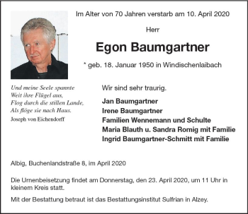 Traueranzeige von Egon Baumgartner von vrm-trauer