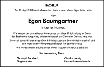 Traueranzeige von Egon Baumgartner von vrm-trauer