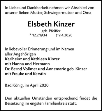 Traueranzeige von Elsbeth Kinzer von vrm-trauer