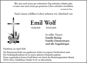 Traueranzeige von Emil Wolf von vrm-trauer
