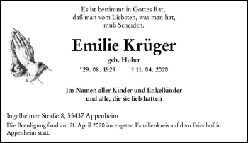 Traueranzeige von Emilie Krüger von vrm-trauer