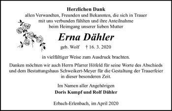 Traueranzeige von Erna Dähler von vrm-trauer