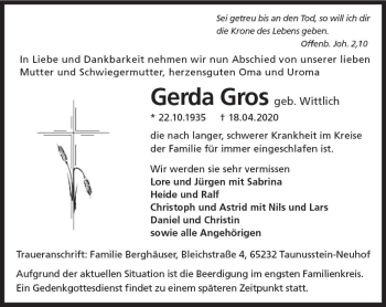 Traueranzeige von Gerda Gros von vrm-trauer