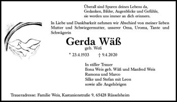 Traueranzeige von Gerda Wäß von vrm-trauer