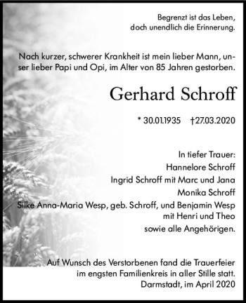 Traueranzeige von Gerhard Schroff von vrm-trauer