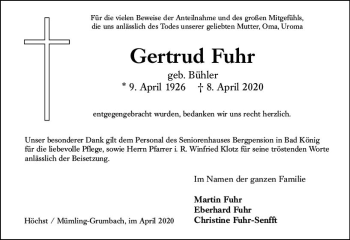 Traueranzeige von Gertrud Fuhr von vrm-trauer