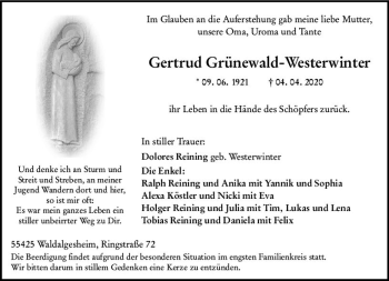 Traueranzeige von Gertrud Grünewald-Westerwinter von vrm-trauer