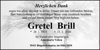 Traueranzeige von Gretel Brill von vrm-trauer