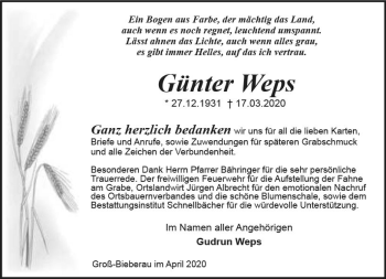 Traueranzeige von Günter Weps von vrm-trauer