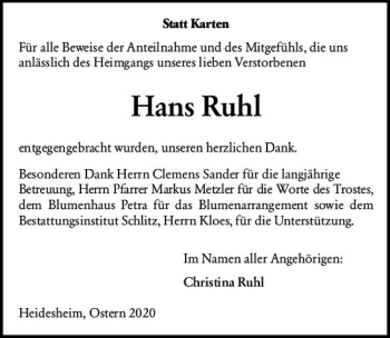 Traueranzeige von Hans Ruhl von vrm-trauer