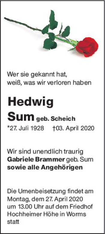 Traueranzeige von Hedwig Sum von vrm-trauer