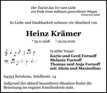 Traueranzeige von Heinz Krämer von vrm-trauer