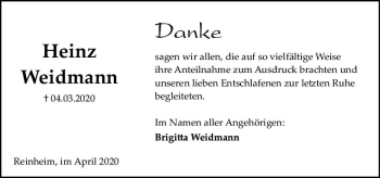 Traueranzeige von Heinz Weidmann von vrm-trauer