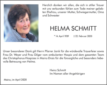 Traueranzeige von Helma Schmitt von vrm-trauer