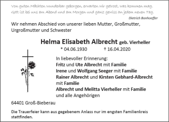 Traueranzeige von Helma Elisabeth Albrecht von vrm-trauer