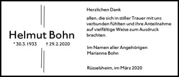 Traueranzeige von Helmut Bohn von vrm-trauer