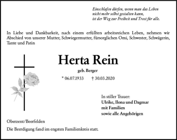 Traueranzeige von Herta Rein von vrm-trauer