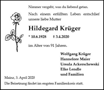 Traueranzeige von Hildegard Krüger von vrm-trauer