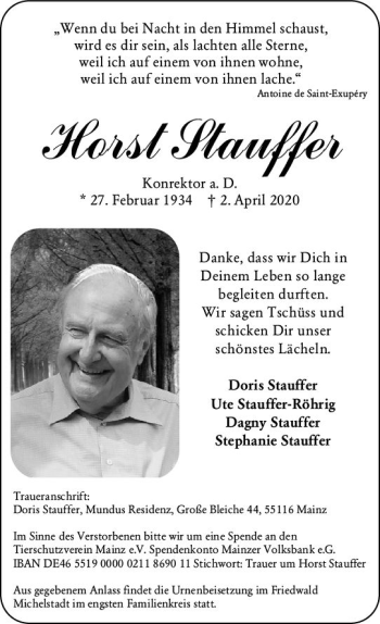 Traueranzeige von Horst Stauffer von vrm-trauer